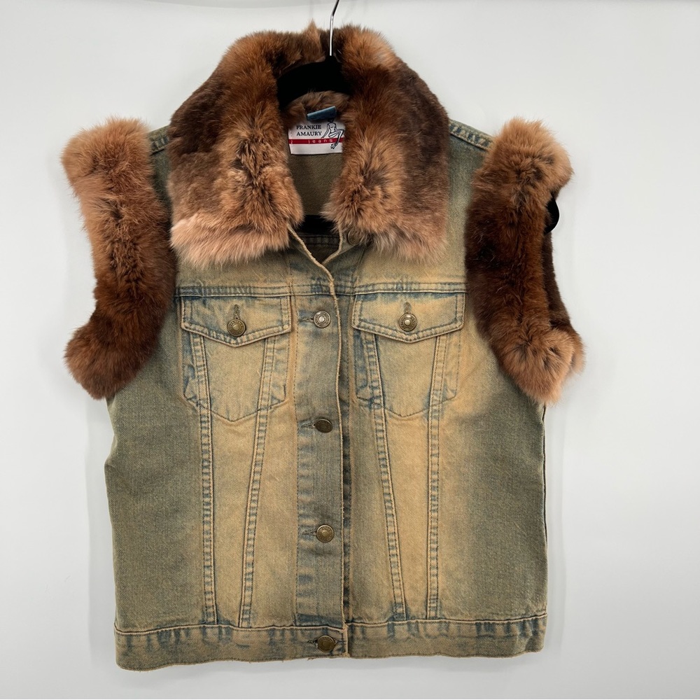 Vintage Y2K Frankie Amaury Jeans Denim Sleeveless Jacket Soft Fur Vest M